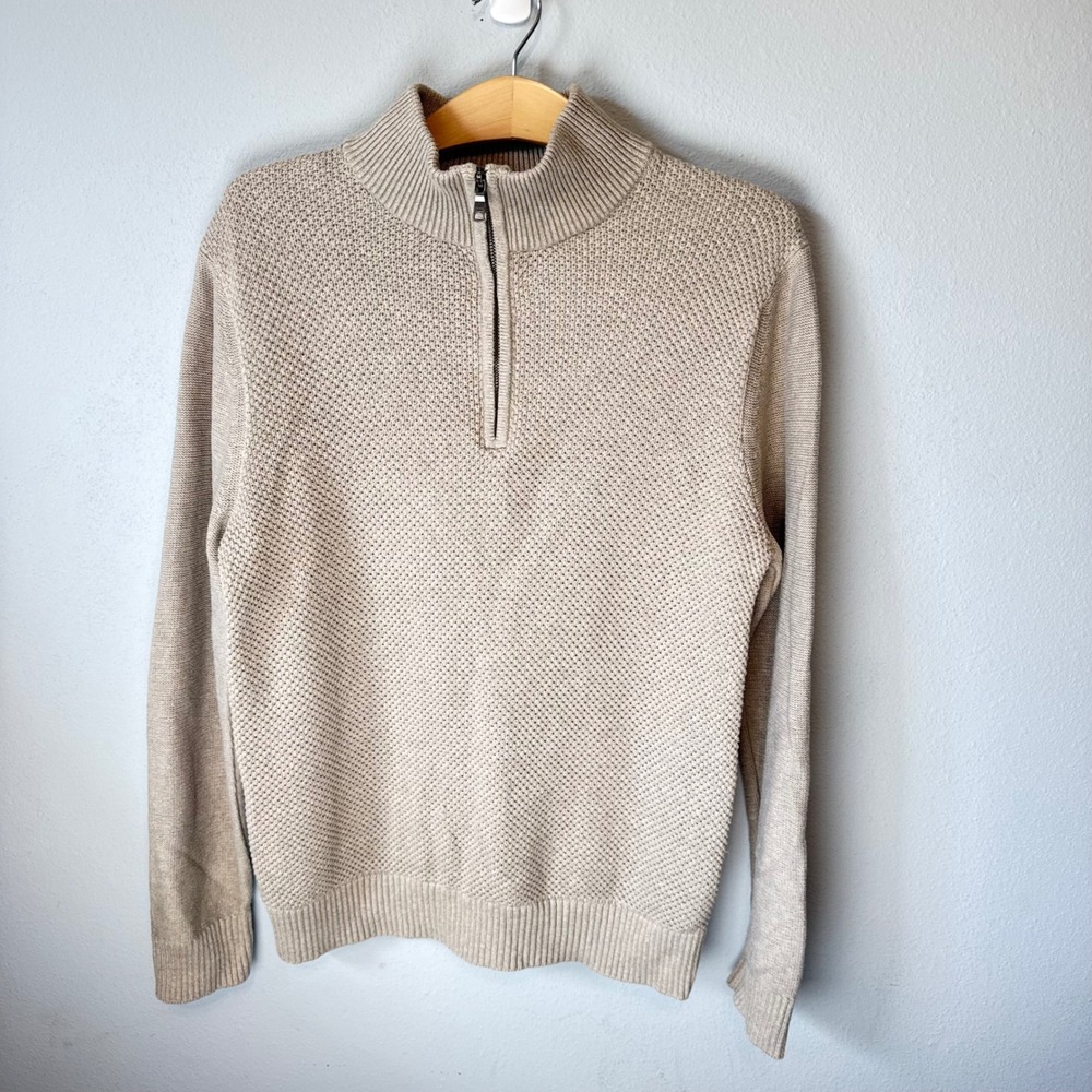 Banana Republic Mens Beige Waffle Knit Quarter Zip Pullover Sweater Large